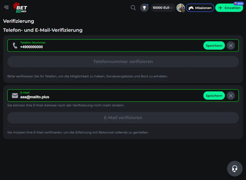 Verifizierung nach dem BetOnRed Casino Login